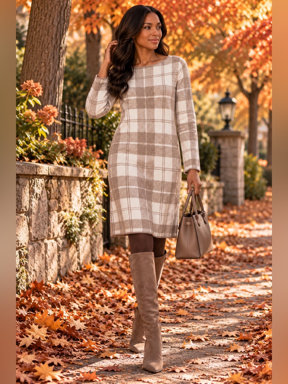 Tahari Plaid Long Sleeve Shift Dress - Taupe & White